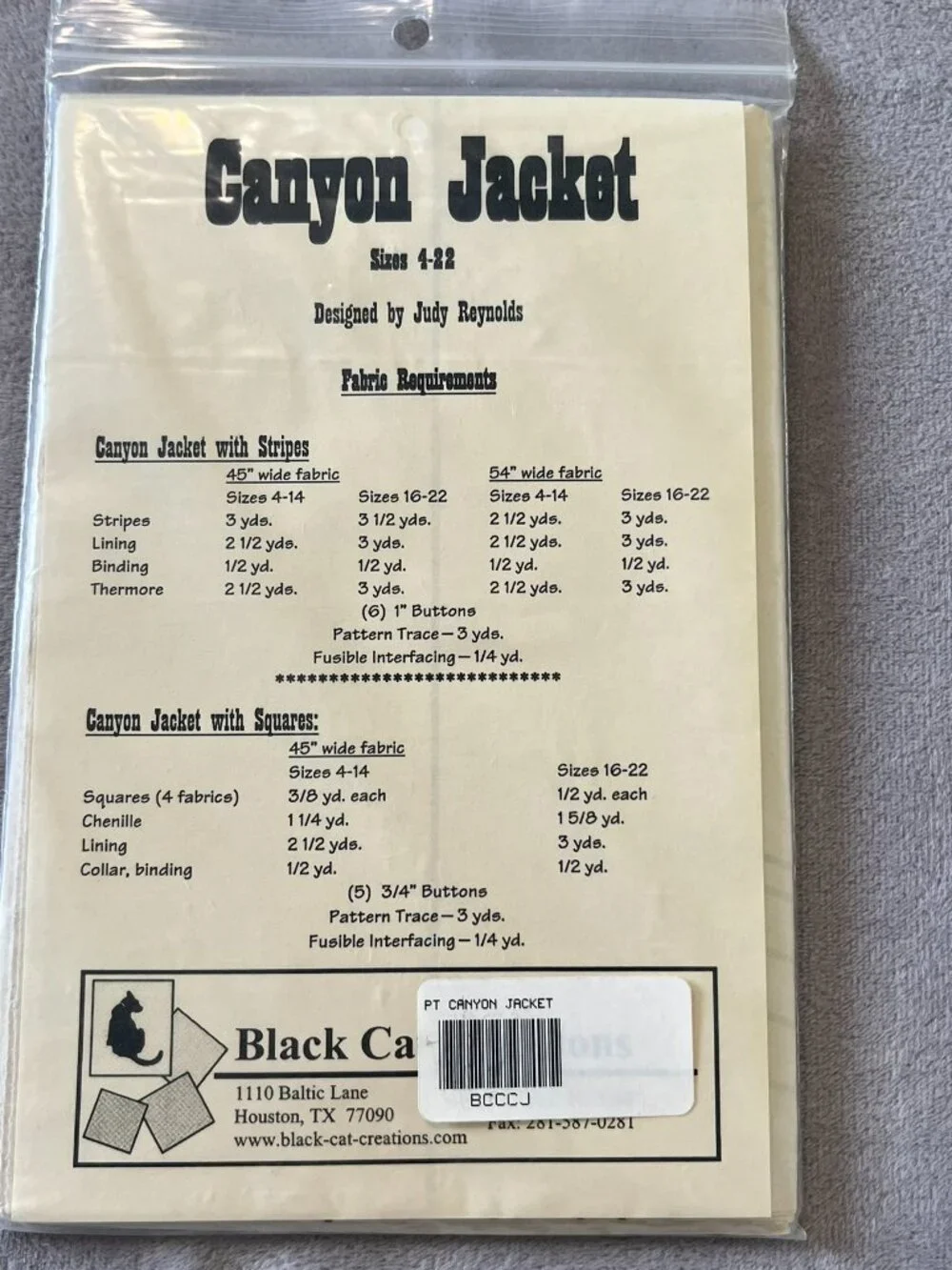 Judy Reynolds Canyon Jacket Quilted Sewing Pattern - Black Cat Creations 4-22